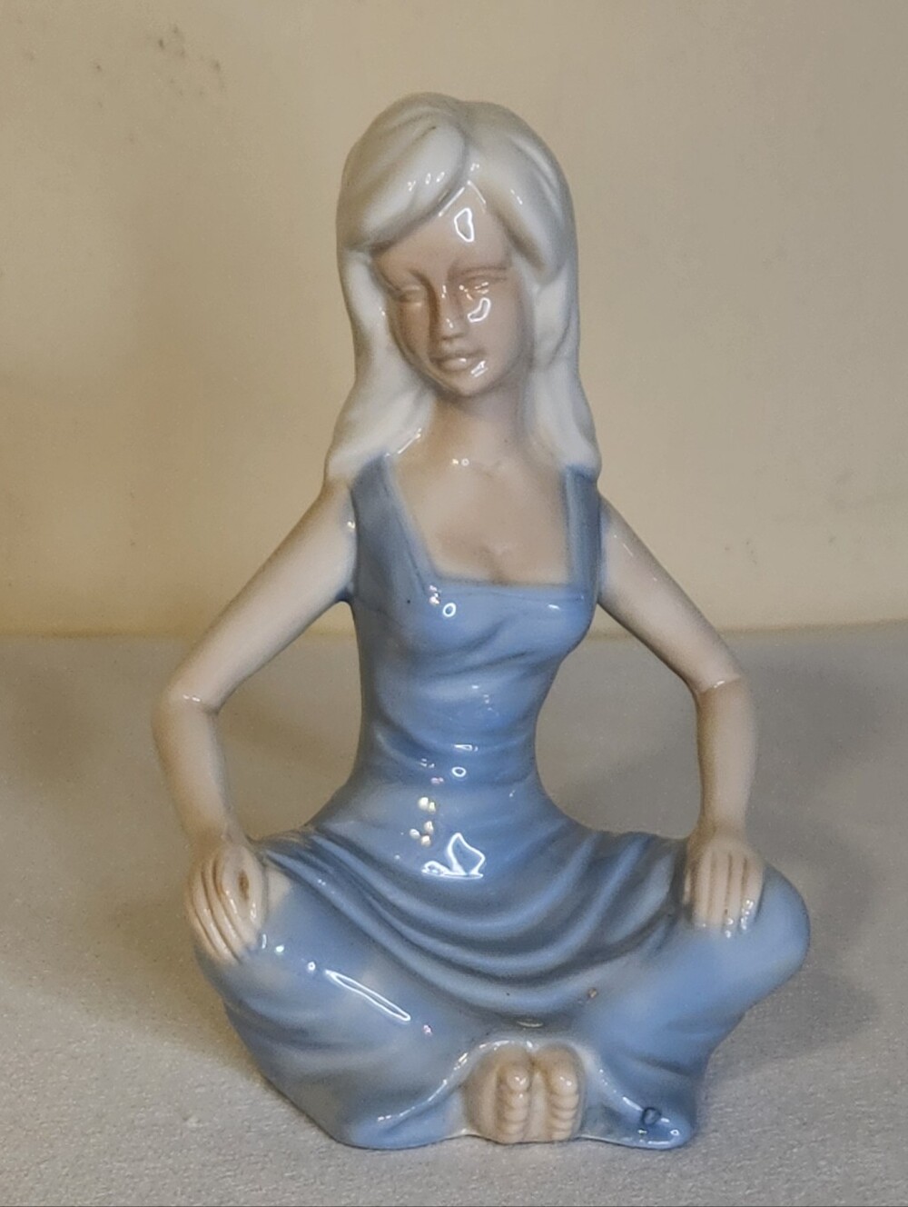 Vintage Glazed Seated Woman Figurine Blue Dress Serene Pose